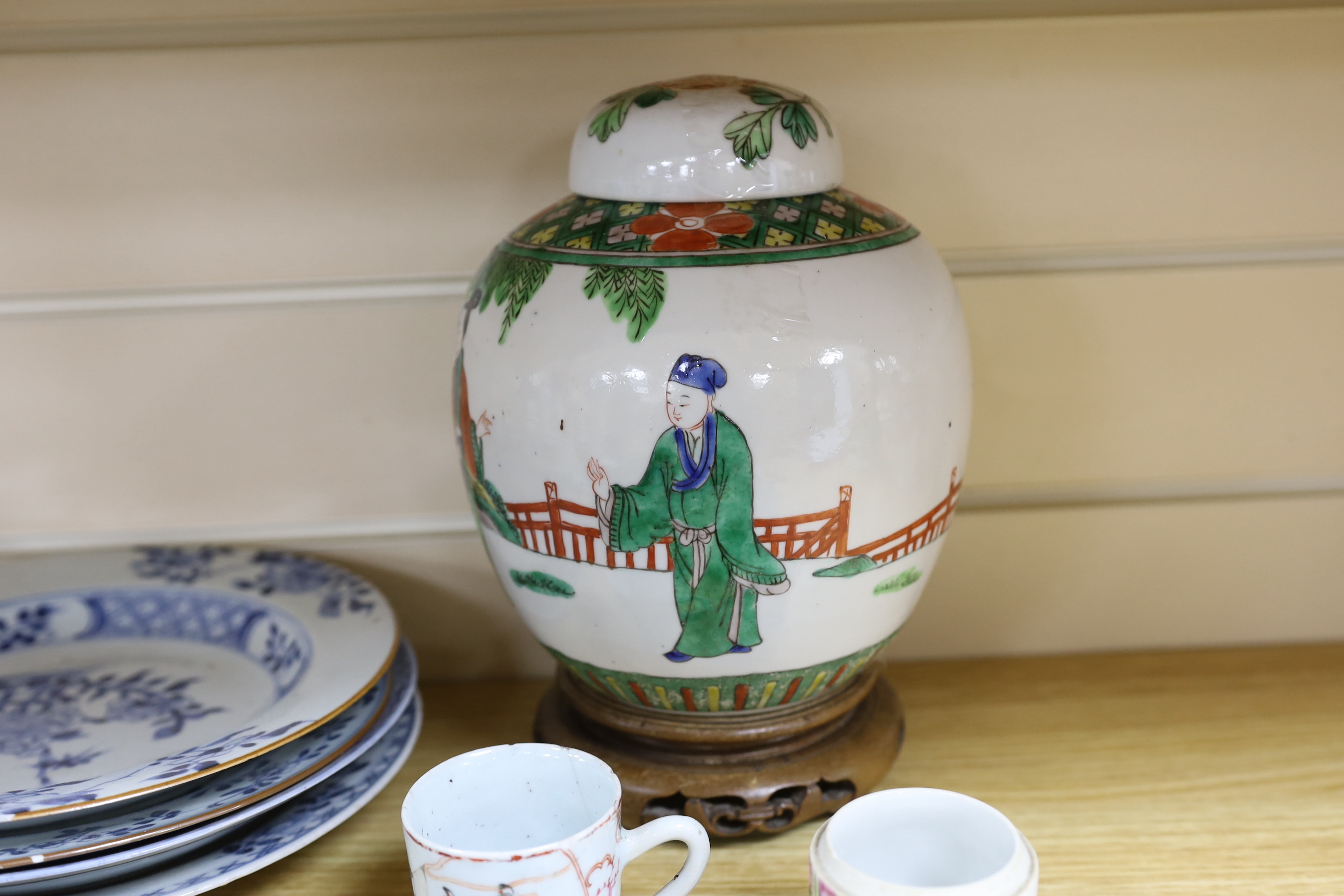 A group of Chinese blue and white and enamelled porcelain jars, plates and bowls, 18th century and later, largest 26cm high